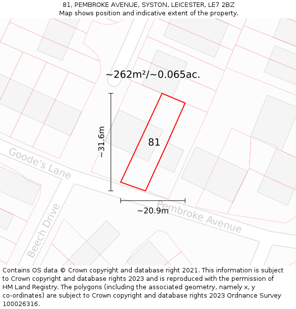 81, PEMBROKE AVENUE, SYSTON, LEICESTER, LE7 2BZ: Plot and title map