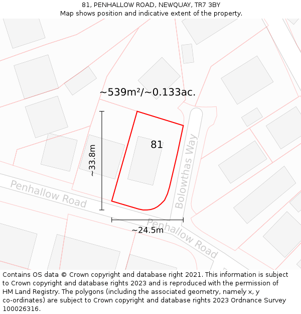 81, PENHALLOW ROAD, NEWQUAY, TR7 3BY: Plot and title map
