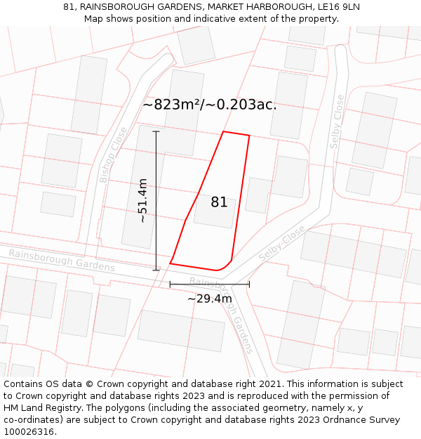 81, RAINSBOROUGH GARDENS, MARKET HARBOROUGH, LE16 9LN: Plot and title map