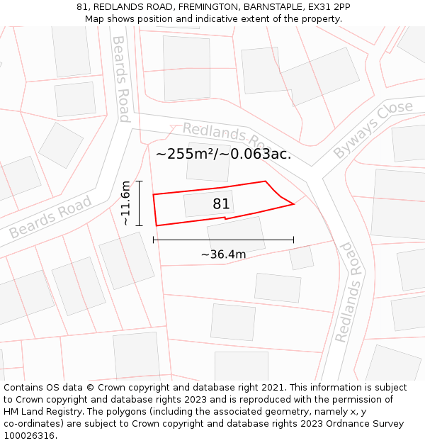 81, REDLANDS ROAD, FREMINGTON, BARNSTAPLE, EX31 2PP: Plot and title map