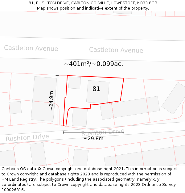 81, RUSHTON DRIVE, CARLTON COLVILLE, LOWESTOFT, NR33 8GB: Plot and title map