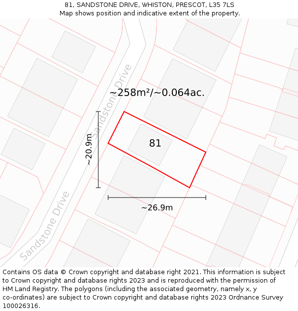 81, SANDSTONE DRIVE, WHISTON, PRESCOT, L35 7LS: Plot and title map