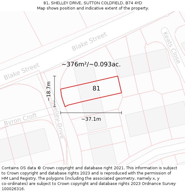 81, SHELLEY DRIVE, SUTTON COLDFIELD, B74 4YD: Plot and title map