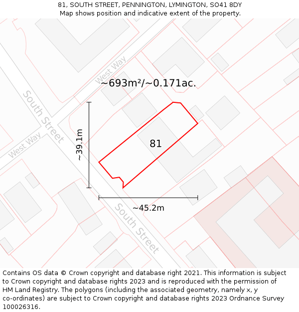 81, SOUTH STREET, PENNINGTON, LYMINGTON, SO41 8DY: Plot and title map