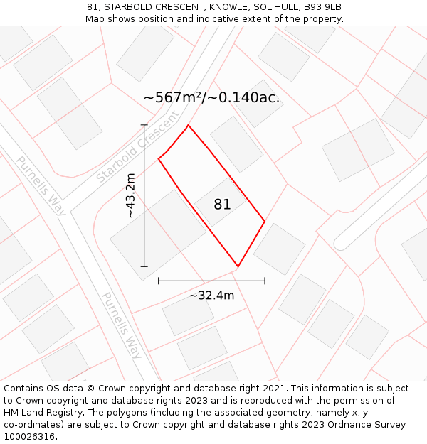 81, STARBOLD CRESCENT, KNOWLE, SOLIHULL, B93 9LB: Plot and title map