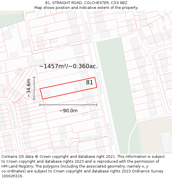 81, STRAIGHT ROAD, COLCHESTER, CO3 9BZ: Plot and title map