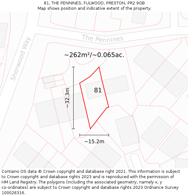 81, THE PENNINES, FULWOOD, PRESTON, PR2 9GB: Plot and title map