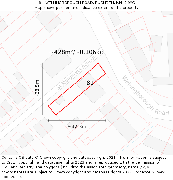 81, WELLINGBOROUGH ROAD, RUSHDEN, NN10 9YG: Plot and title map