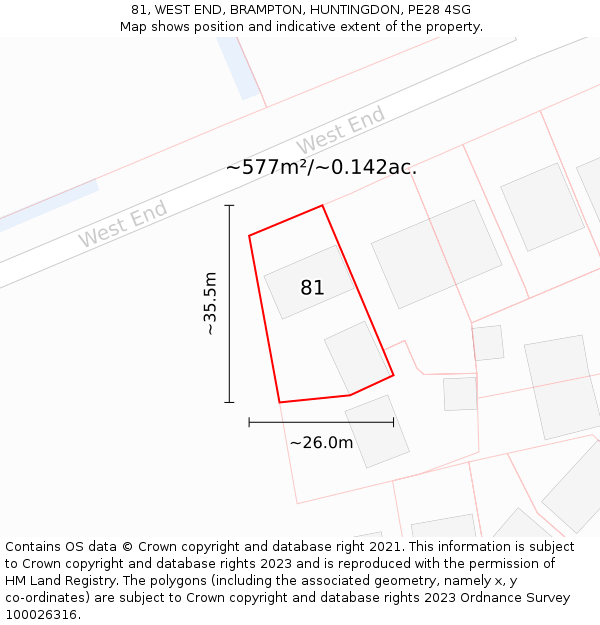 81, WEST END, BRAMPTON, HUNTINGDON, PE28 4SG: Plot and title map