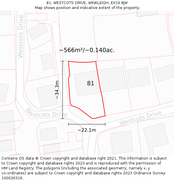 81, WESTCOTS DRIVE, WINKLEIGH, EX19 8JW: Plot and title map