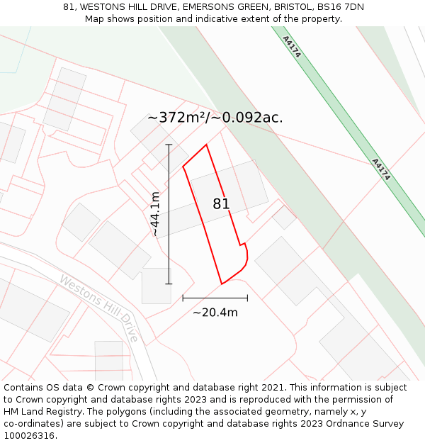 81, WESTONS HILL DRIVE, EMERSONS GREEN, BRISTOL, BS16 7DN: Plot and title map