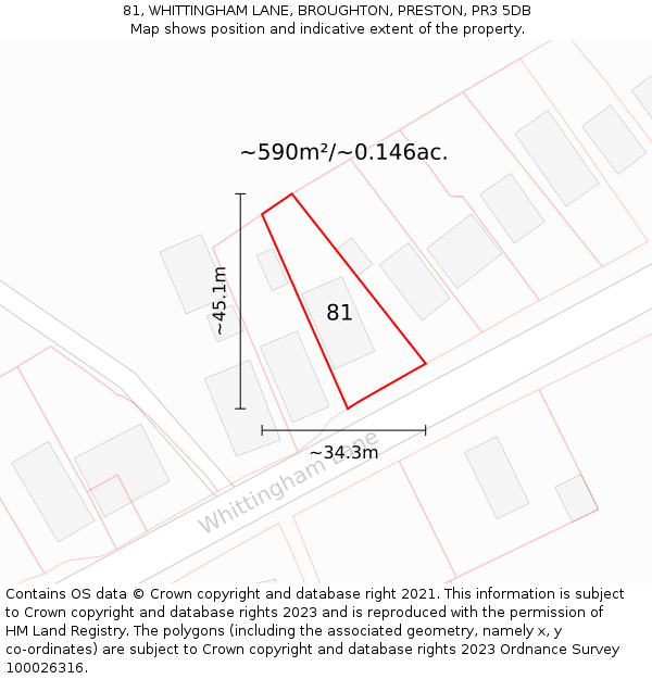 81, WHITTINGHAM LANE, BROUGHTON, PRESTON, PR3 5DB: Plot and title map
