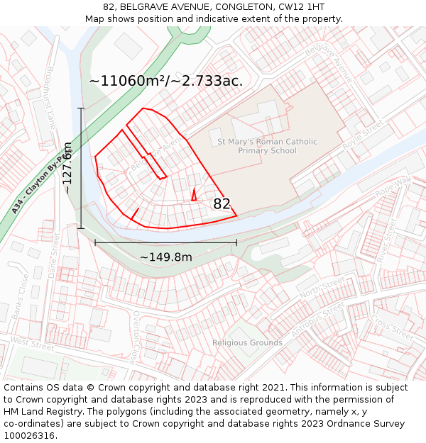 82, BELGRAVE AVENUE, CONGLETON, CW12 1HT: Plot and title map