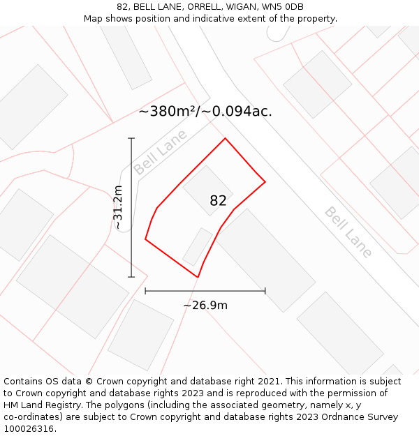 82, BELL LANE, ORRELL, WIGAN, WN5 0DB: Plot and title map