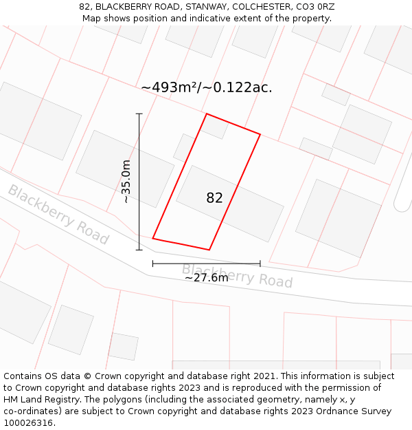 82, BLACKBERRY ROAD, STANWAY, COLCHESTER, CO3 0RZ: Plot and title map