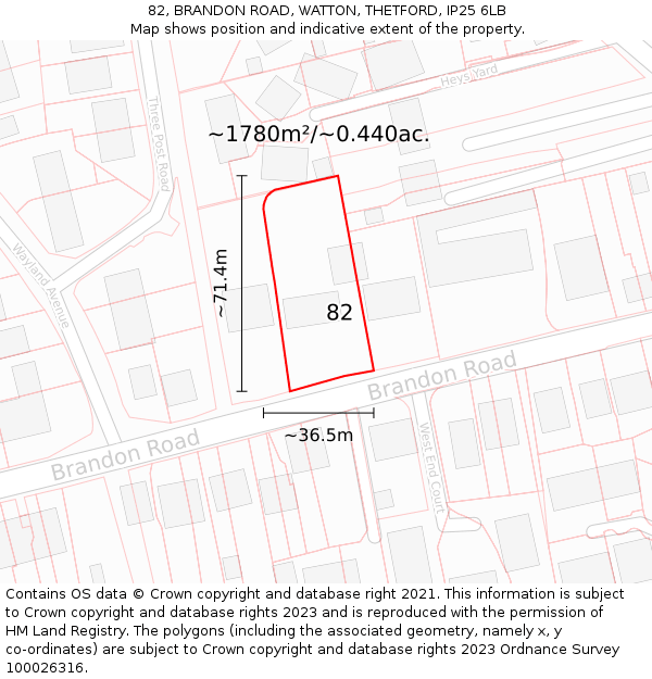 82, BRANDON ROAD, WATTON, THETFORD, IP25 6LB: Plot and title map