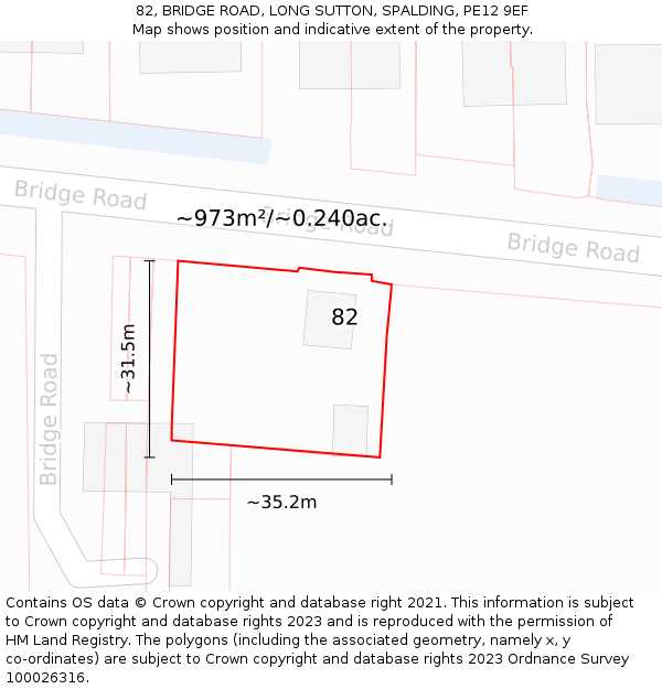 82, BRIDGE ROAD, LONG SUTTON, SPALDING, PE12 9EF: Plot and title map