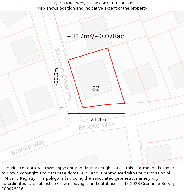 82, BROOKE WAY, STOWMARKET, IP14 1US: Plot and title map