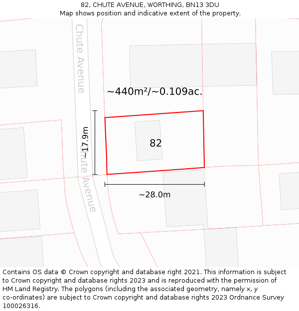 82, CHUTE AVENUE, WORTHING, BN13 3DU: Plot and title map