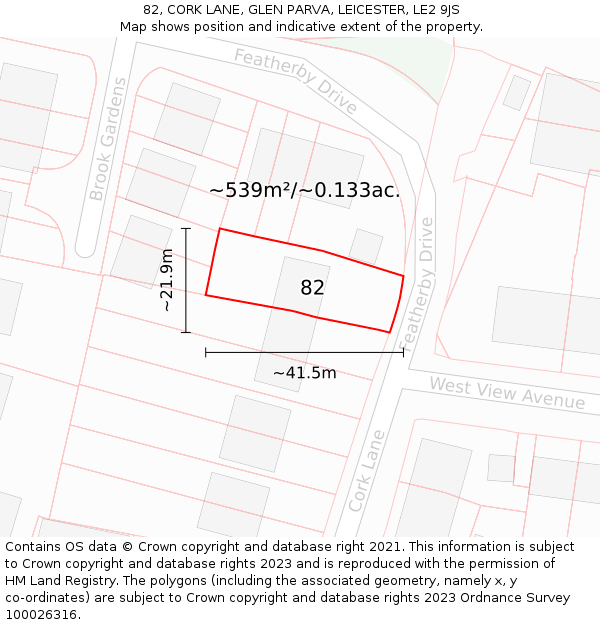 82, CORK LANE, GLEN PARVA, LEICESTER, LE2 9JS: Plot and title map