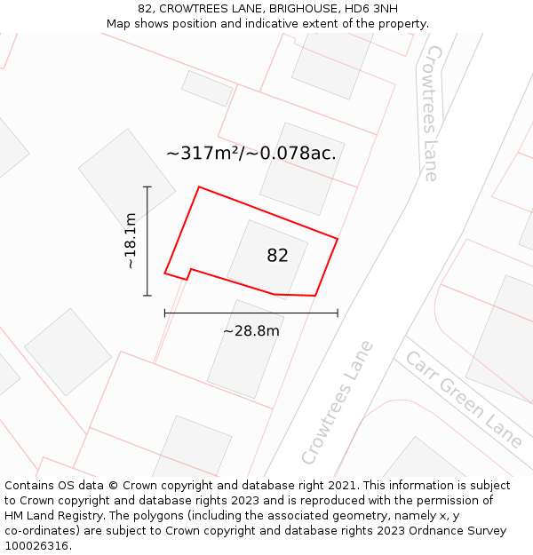 82, CROWTREES LANE, BRIGHOUSE, HD6 3NH: Plot and title map
