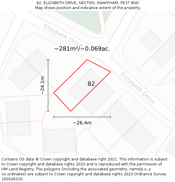 82, ELIZABETH DRIVE, NECTON, SWAFFHAM, PE37 8ND: Plot and title map