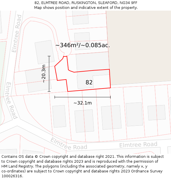 82, ELMTREE ROAD, RUSKINGTON, SLEAFORD, NG34 9FF: Plot and title map
