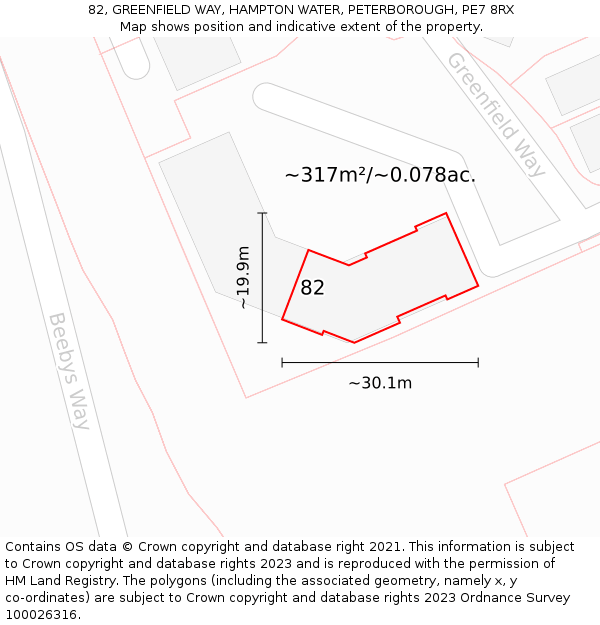 82, GREENFIELD WAY, HAMPTON WATER, PETERBOROUGH, PE7 8RX: Plot and title map