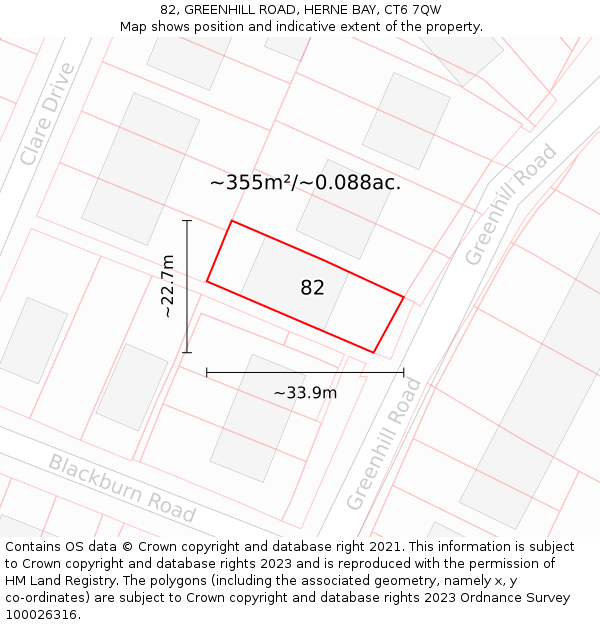 82, GREENHILL ROAD, HERNE BAY, CT6 7QW: Plot and title map