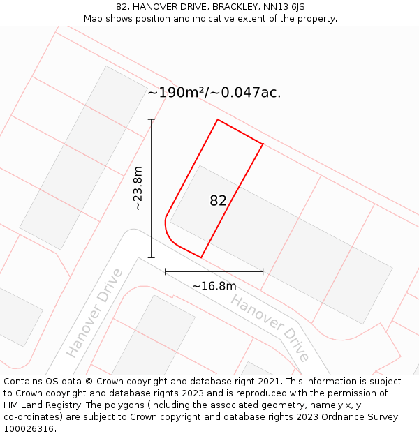 82, HANOVER DRIVE, BRACKLEY, NN13 6JS: Plot and title map