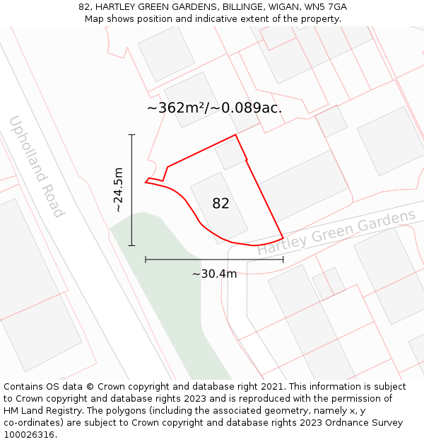 82, HARTLEY GREEN GARDENS, BILLINGE, WIGAN, WN5 7GA: Plot and title map