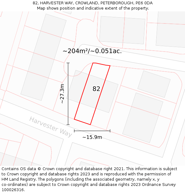 82, HARVESTER WAY, CROWLAND, PETERBOROUGH, PE6 0DA: Plot and title map