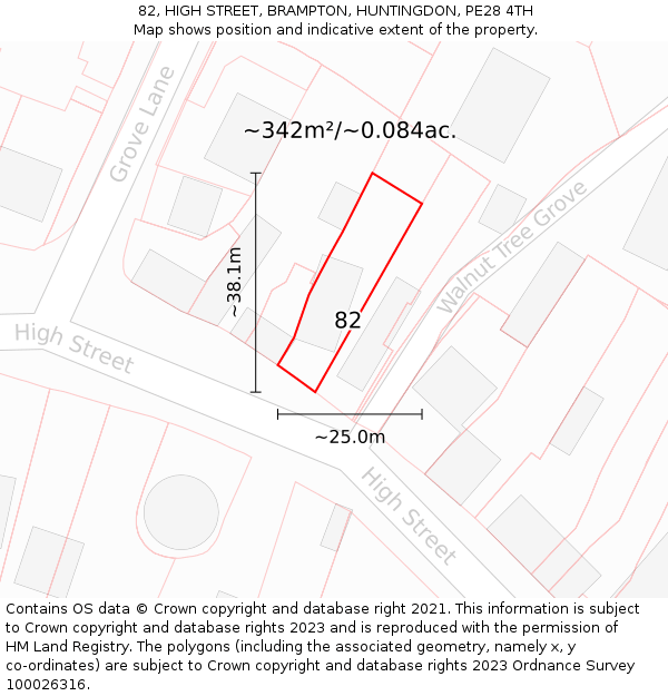 82, HIGH STREET, BRAMPTON, HUNTINGDON, PE28 4TH: Plot and title map