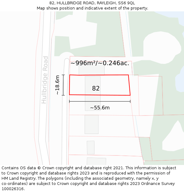 82, HULLBRIDGE ROAD, RAYLEIGH, SS6 9QL: Plot and title map