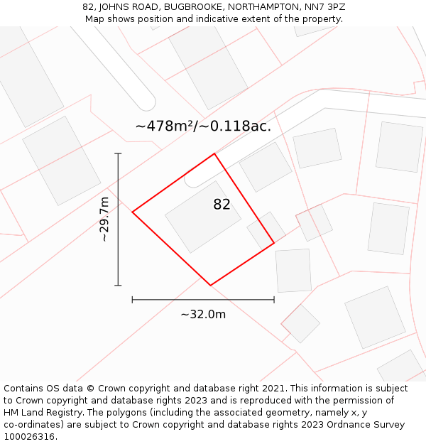 82, JOHNS ROAD, BUGBROOKE, NORTHAMPTON, NN7 3PZ: Plot and title map