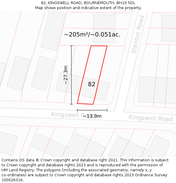 82, KINGSWELL ROAD, BOURNEMOUTH, BH10 5DL: Plot and title map