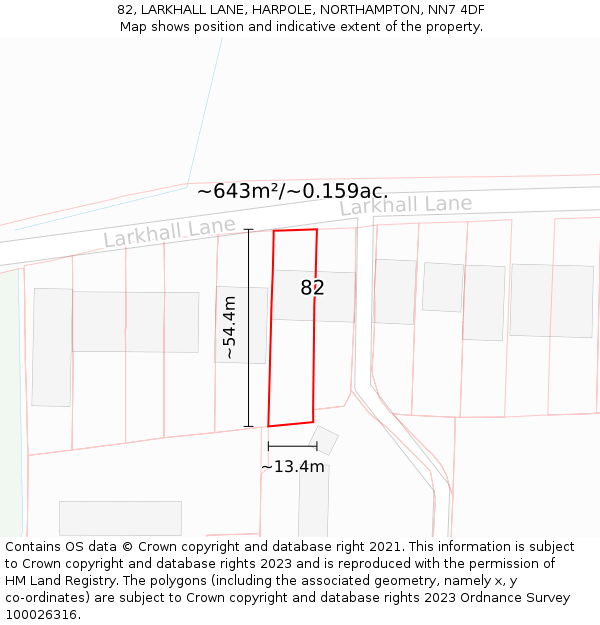 82, LARKHALL LANE, HARPOLE, NORTHAMPTON, NN7 4DF: Plot and title map