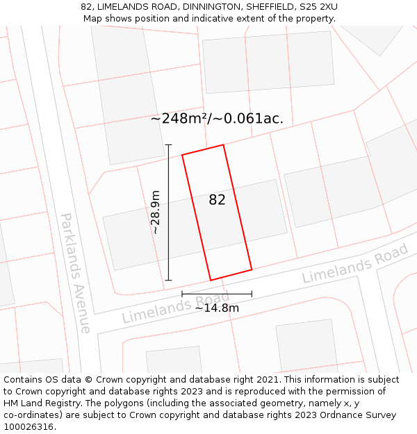 82, LIMELANDS ROAD, DINNINGTON, SHEFFIELD, S25 2XU: Plot and title map