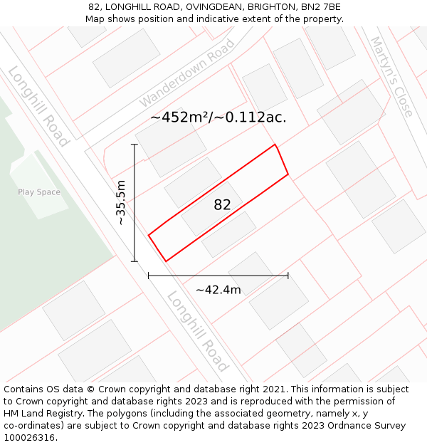 82, LONGHILL ROAD, OVINGDEAN, BRIGHTON, BN2 7BE: Plot and title map