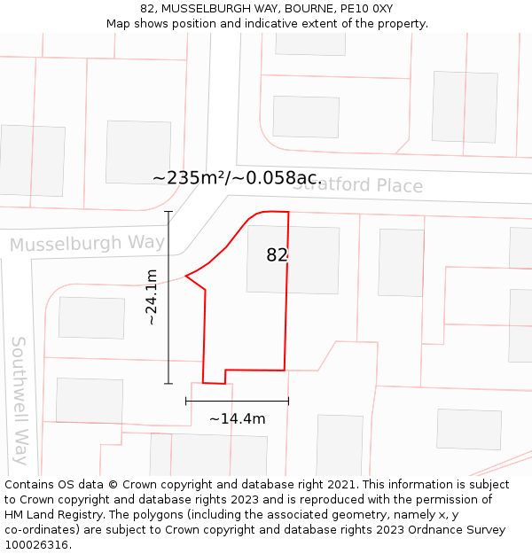 82, MUSSELBURGH WAY, BOURNE, PE10 0XY: Plot and title map