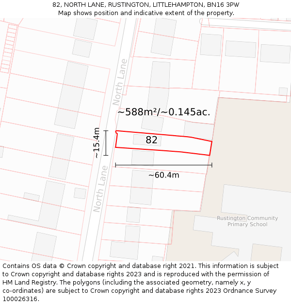 82, NORTH LANE, RUSTINGTON, LITTLEHAMPTON, BN16 3PW: Plot and title map