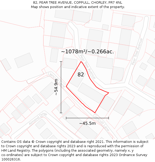 82, PEAR TREE AVENUE, COPPULL, CHORLEY, PR7 4NL: Plot and title map
