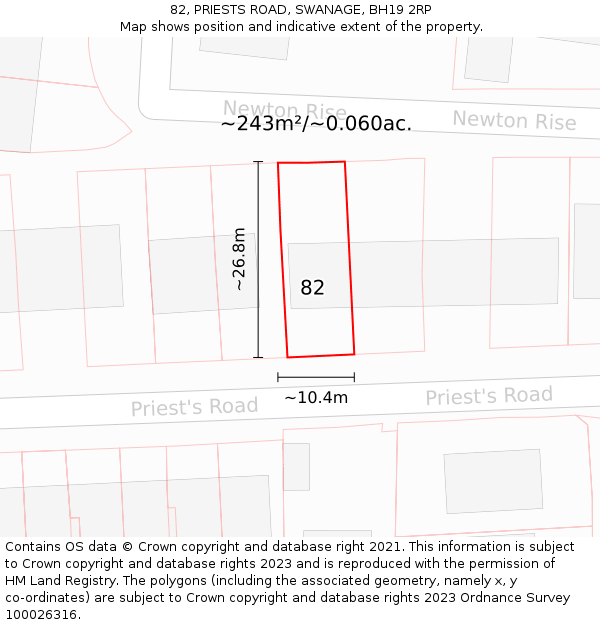82, PRIESTS ROAD, SWANAGE, BH19 2RP: Plot and title map