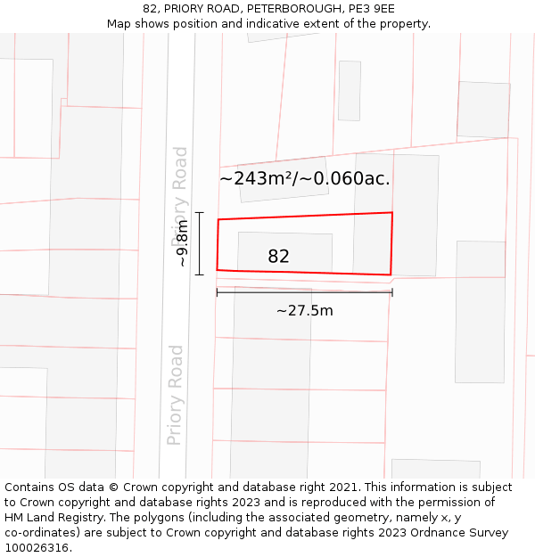 82, PRIORY ROAD, PETERBOROUGH, PE3 9EE: Plot and title map