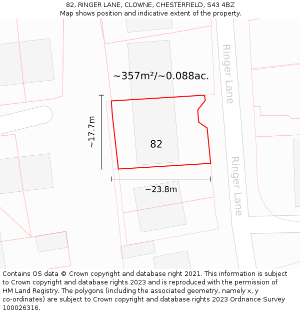 82, RINGER LANE, CLOWNE, CHESTERFIELD, S43 4BZ: Plot and title map
