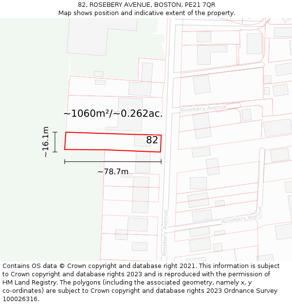 82, ROSEBERY AVENUE, BOSTON, PE21 7QR: Plot and title map