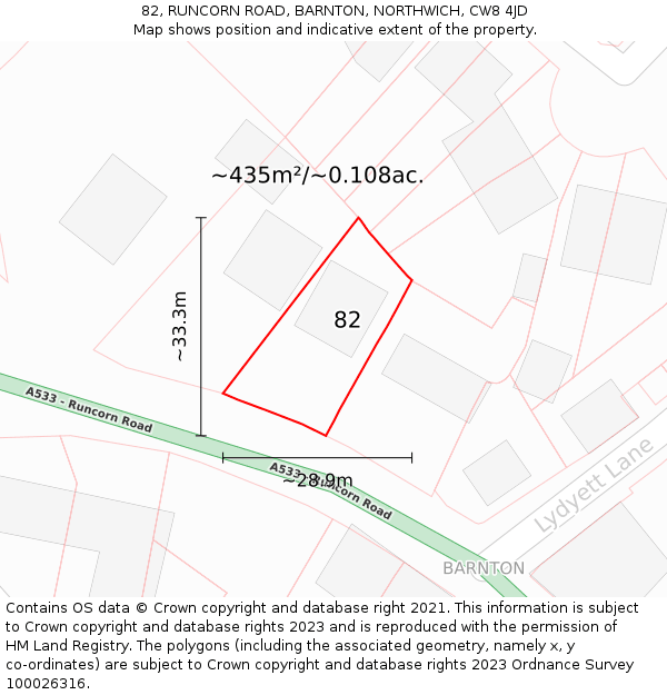 82, RUNCORN ROAD, BARNTON, NORTHWICH, CW8 4JD: Plot and title map