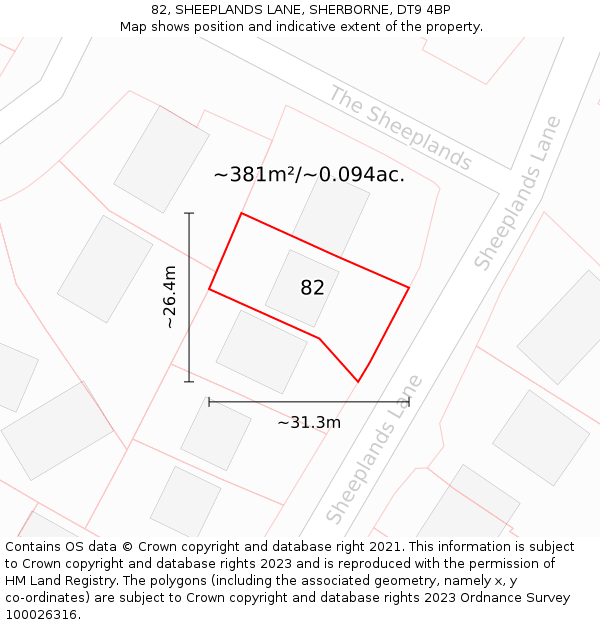 82, SHEEPLANDS LANE, SHERBORNE, DT9 4BP: Plot and title map