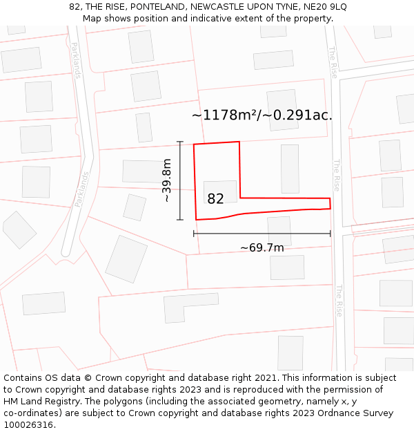 82, THE RISE, PONTELAND, NEWCASTLE UPON TYNE, NE20 9LQ: Plot and title map