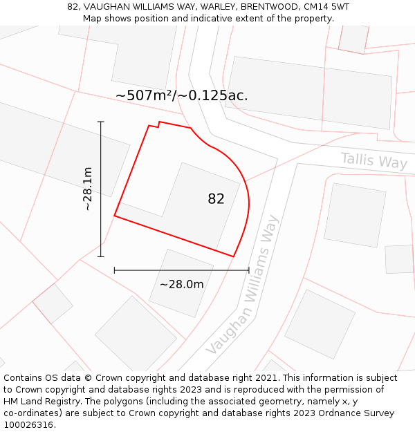82, VAUGHAN WILLIAMS WAY, WARLEY, BRENTWOOD, CM14 5WT: Plot and title map